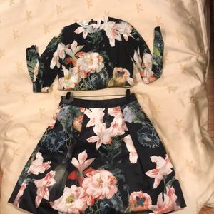 Floral Cotton Sweater w/ Floral Satin Swing Skirt
